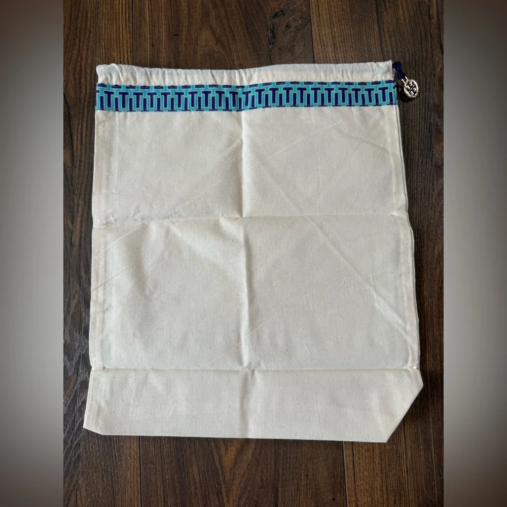 Tory Burch Cream Canvas Dust Bag with Blue Trim and Gold Charm